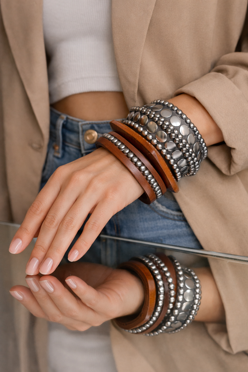 Noor Wooden & Silver Statement Bangle