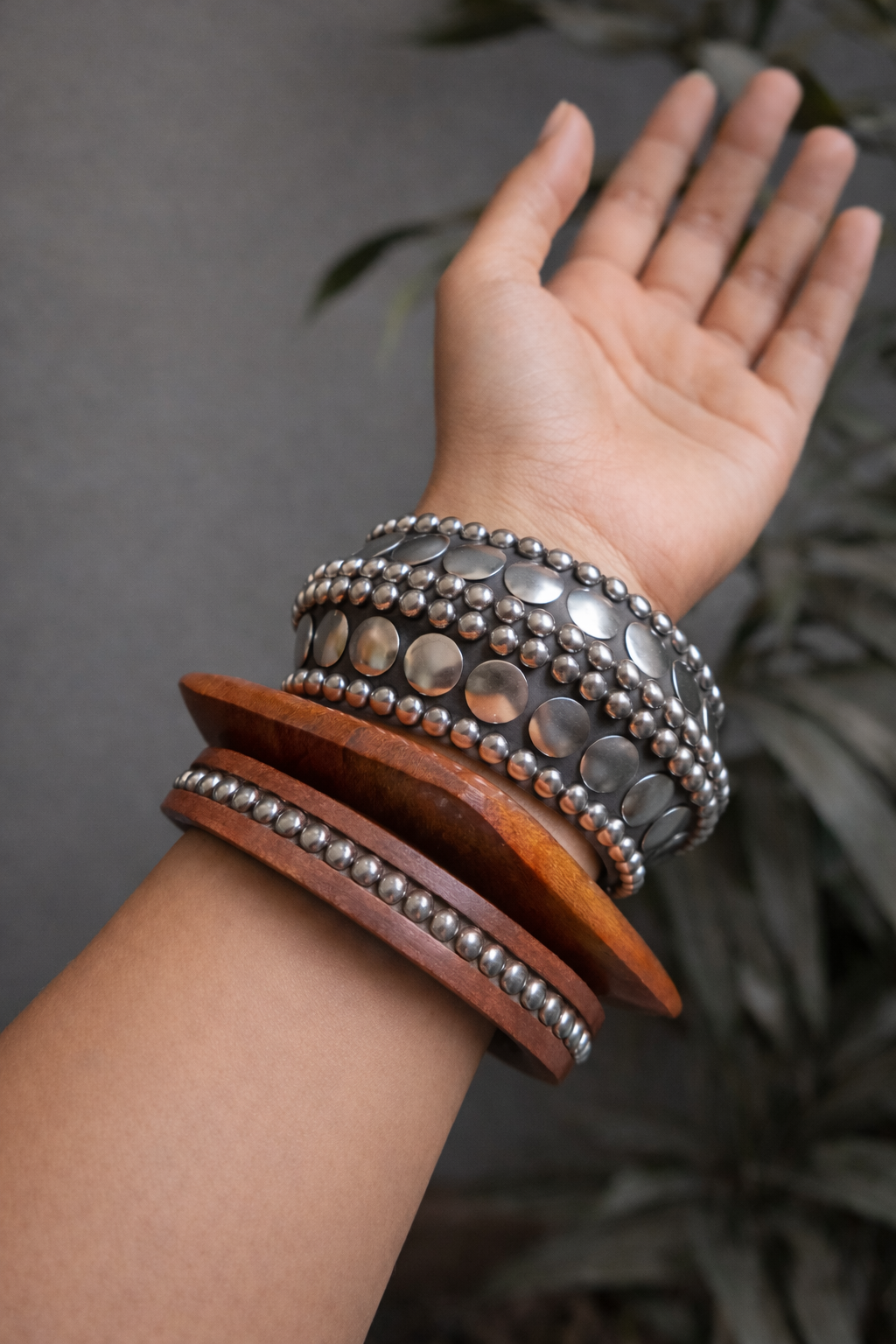 Noor Wooden & Silver Statement Bangle