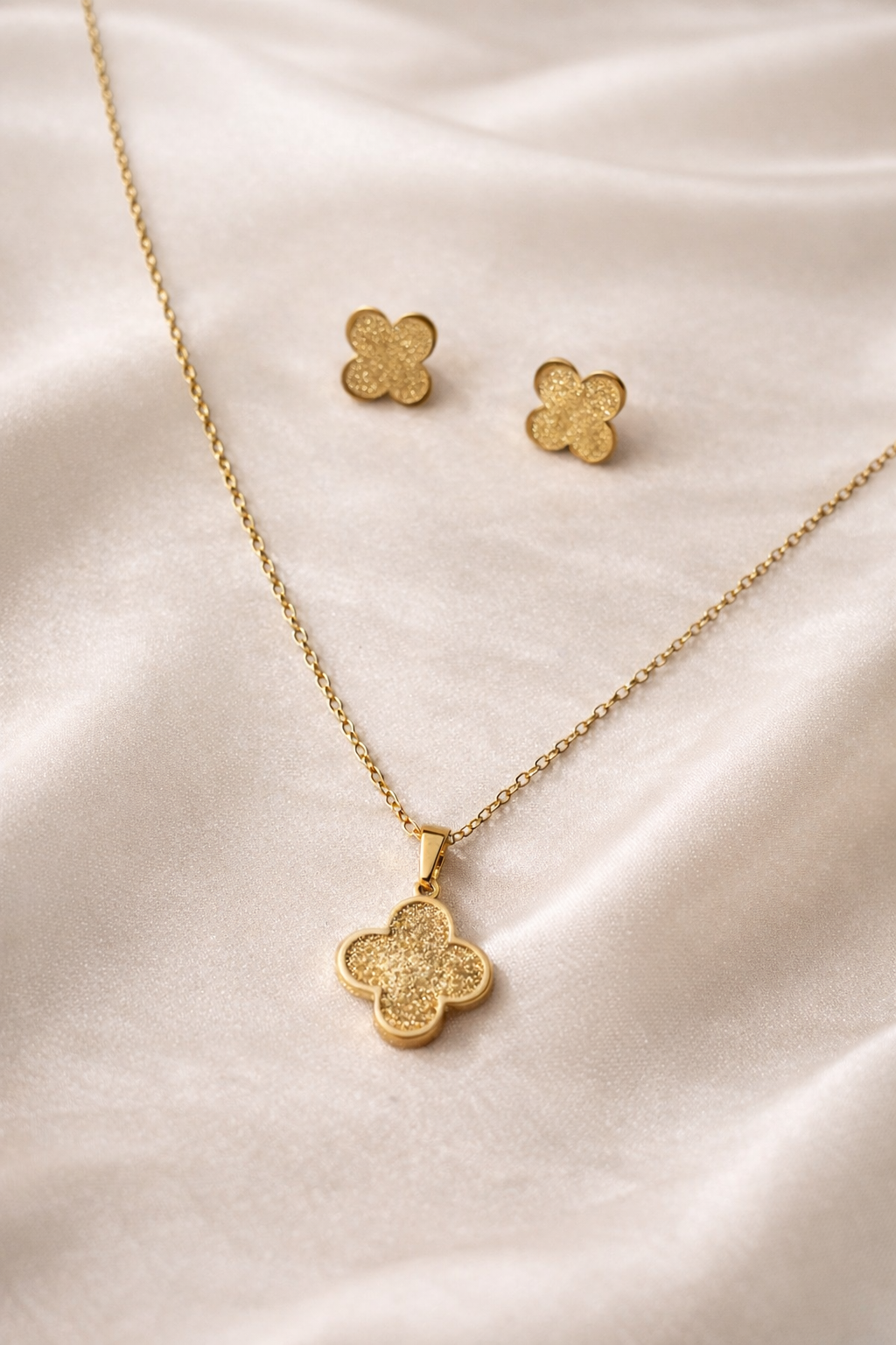Gold Clover Necklace and Earing Set